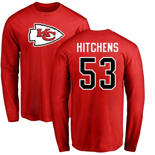 Men Kansas City Chiefs #53 Hitchens Anthony Red Name and Number Logo Long Sleeve NFL T Shirt
